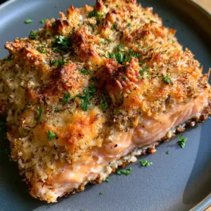 Close-up of baked salmon showing the opaque coral pink flakes and toasted parmesan crust peaks.