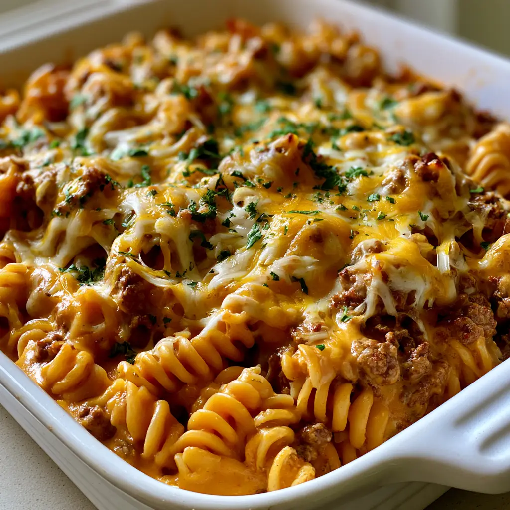 A heavy layer of melted yellow and white cheese with golden brown edges on top of a beef pasta bake.
