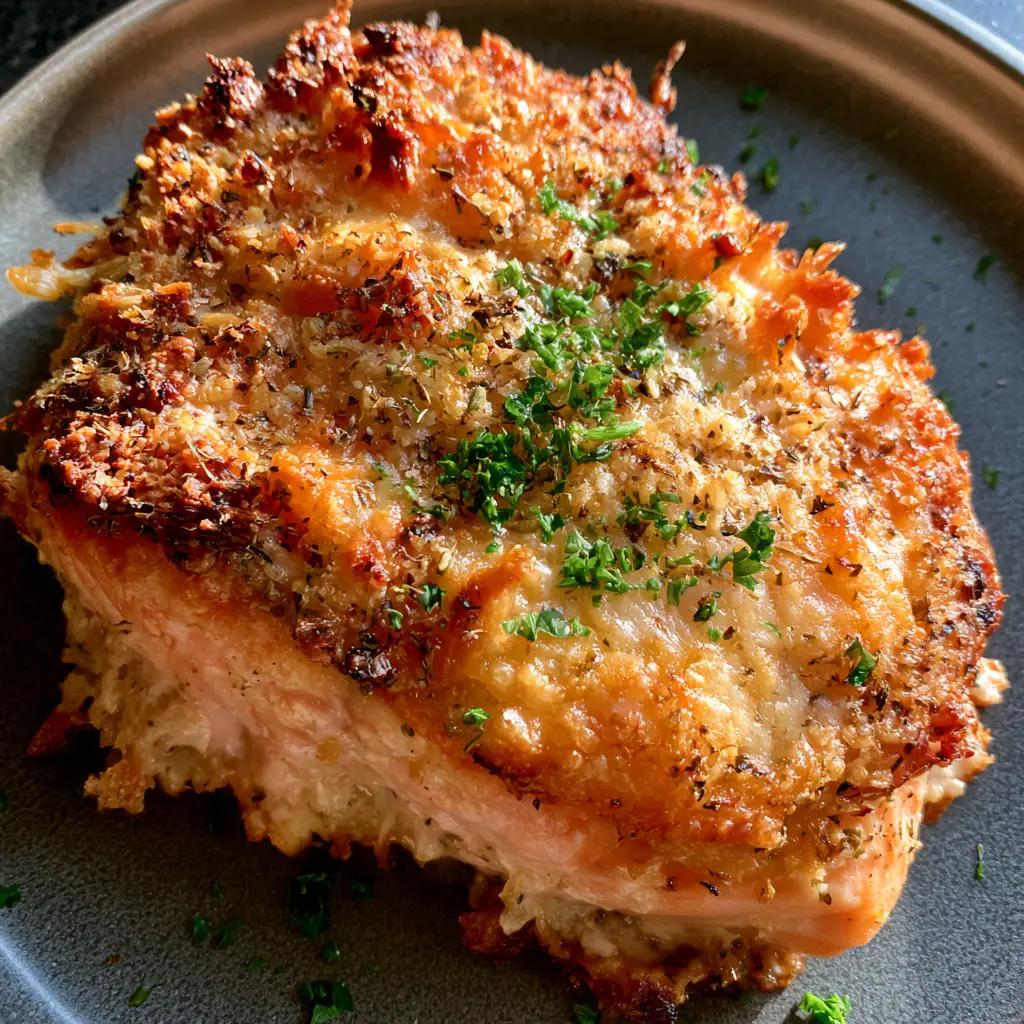 Parmesan Crusted Salmon with a Golden Herb Breadcrumb Crust 1 A thick salmon fillet on a grey ceramic plate with a thick herb and parmesan breadcrumb crust.