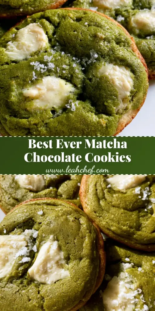 A tall stack of thick Matcha White Chocolate Cookies with vibrant green dough, golden-browned edges, and semi-melted white chocolate chunks topped with sea salt.