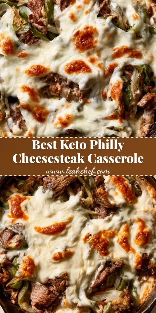 Keto Philly Cheesesteak Casserole: The Ultimate One-Pan Low-Carb Comfort Dinner 4 A top-down angled shot of a Keto Philly Cheesesteak Casserole in a cast iron skillet with melted bubbly provolone cheese and seared steak.