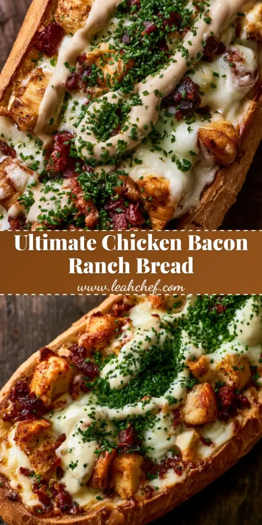 A long, golden-brown toasted French bread loaf overflowing with seared chicken, crispy bacon, and melted mozzarella. (Chicken Bacon Ranch Stuffed Bread)