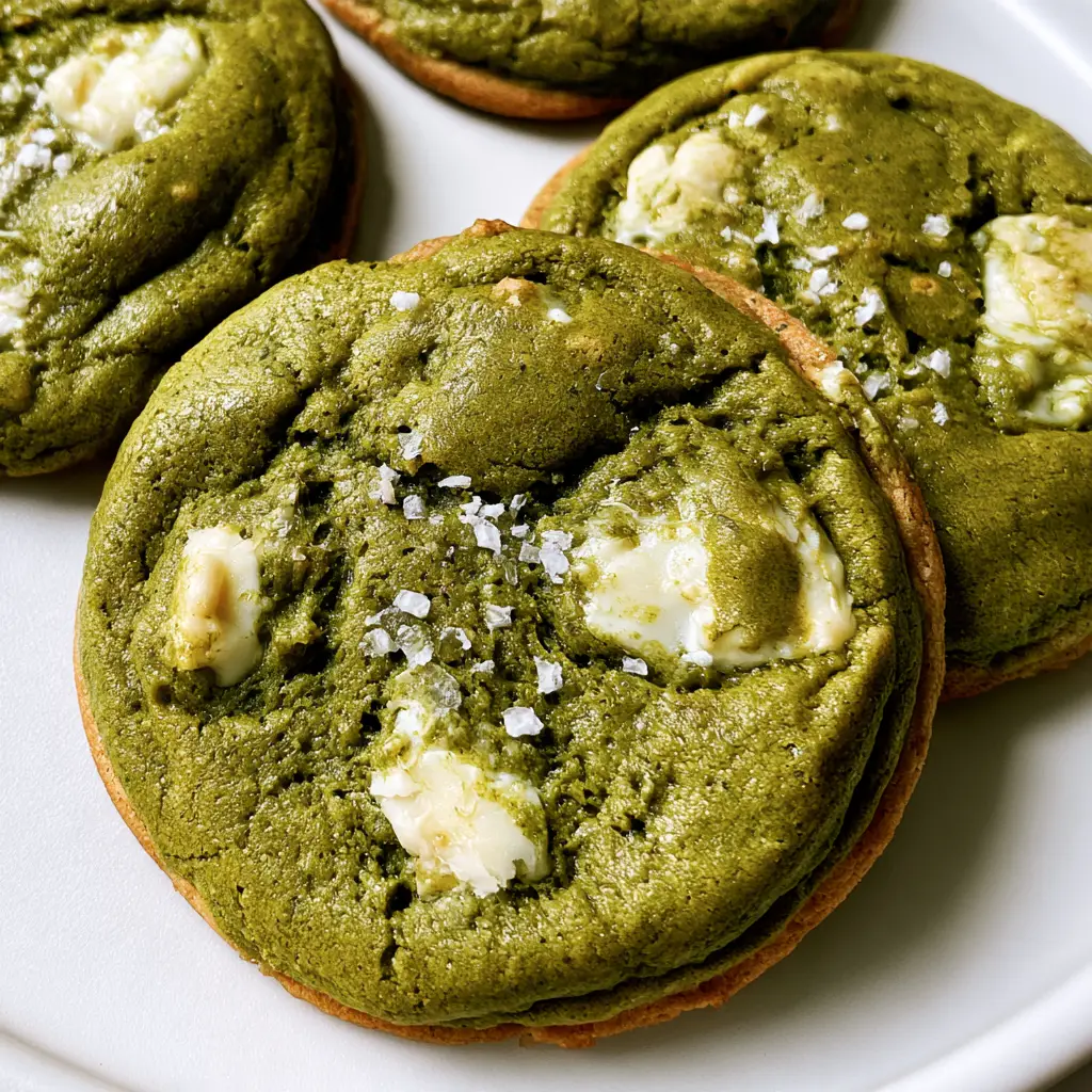 Handheld photo showing a close-up of a thick matcha cookie with a soft-baked interior and large white chocolate chunks. (Matcha White Chocolate Cookies)