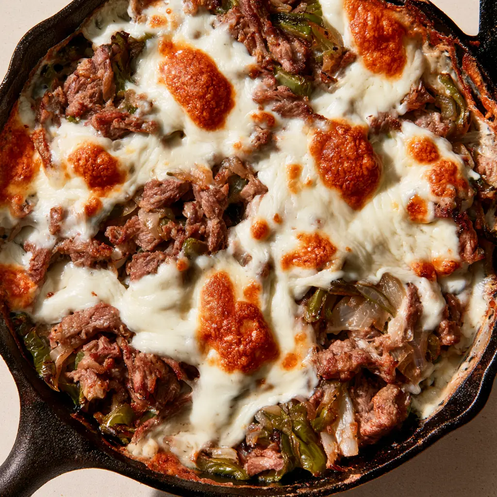 Keto Philly Cheesesteak Casserole: The Ultimate One-Pan Low-Carb Comfort Dinner 2 Close-up of seared ribeye steak strips and charred green peppers in a Keto Philly Cheesesteak Casserole.
