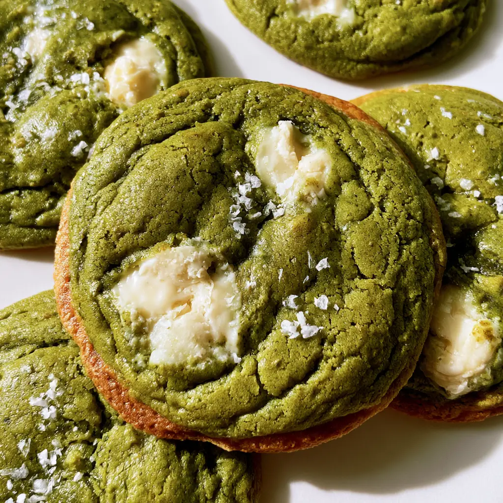 A tray of freshly baked Matcha White Chocolate Cookies showing golden-browned edges and vibrant green centers.