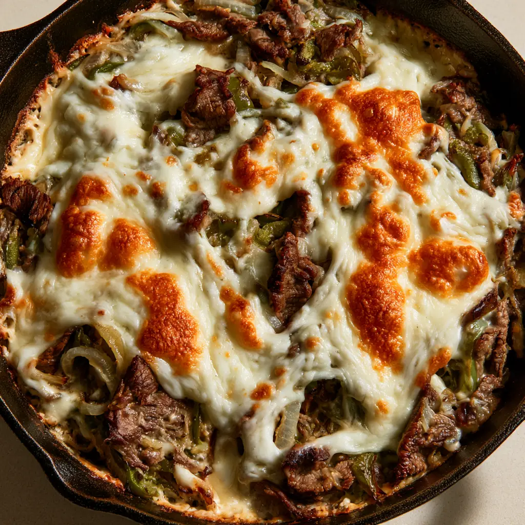 Keto Philly Cheesesteak Casserole: The Ultimate One-Pan Low-Carb Comfort Dinner 1 Melted provolone cheese with golden-brown toasted spots on top of a Keto Philly Cheesesteak Casserole.
