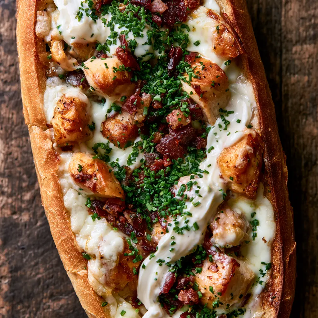 Close-up of crispy bacon and ranch dressing drizzle on a toasted stuffed bread.