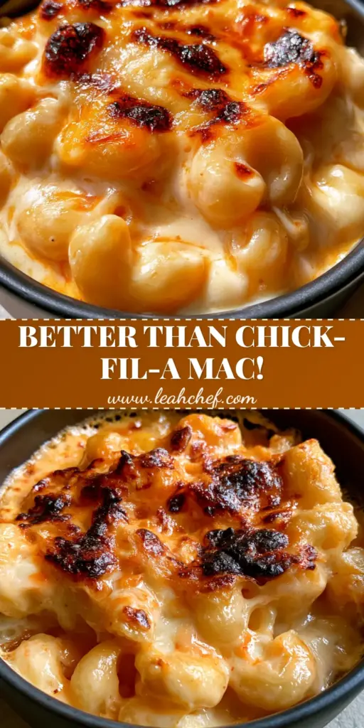 Chick-fil-A Mac and Cheese Copycat: The Ultimate Creamy Baked Recipe 4 A close-up of Chick-fil-A Mac and Cheese Copycat in a black bowl featuring a golden-brown cheese crust with charred spots.