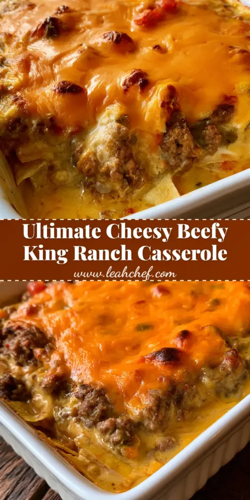 Beefy King Ranch Casserole: The Ultimate Cheesy Tex-Mex Comfort Food 3 A bubbling Beefy King Ranch Casserole in a white ceramic dish featuring melted orange Velveeta, charred cheddar spots, and diced tomatoes on a rustic wood background.