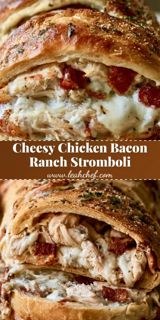A long, golden-brown baked Chicken Bacon Ranch Stromboli loaf sliced into thick sections, showing melted cheese and crispy bacon.