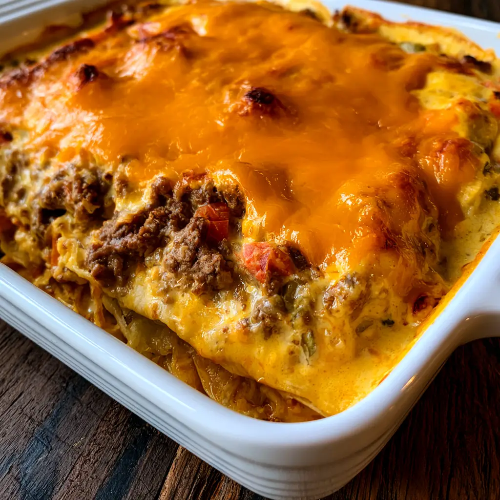 Beefy King Ranch Casserole: The Ultimate Cheesy Tex-Mex Comfort Food 2 Close-up of Beefy King Ranch Casserole showing the creamy orange cheese sauce and browned beef crumbles.