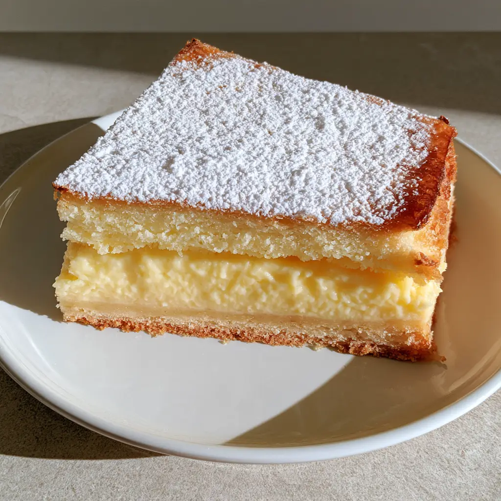 Side view of a thick Italian Lemon Custard Cake slice highlighting the pale-yellow cream layer and buttery pastry crust.