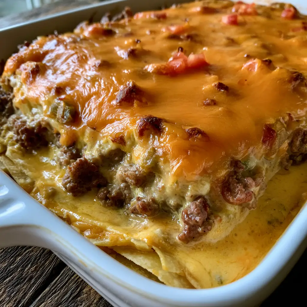 Beefy King Ranch Casserole: The Ultimate Cheesy Tex-Mex Comfort Food 1 Overhead view of a Beefy King Ranch Casserole with a glossy blanket of melted cheddar and Velveeta cheese.