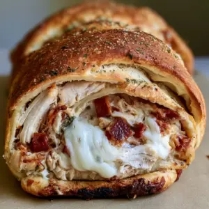 Cross-section of Chicken Bacon Ranch Stromboli showing layers of chicken, bacon, and melted mozzarella cheese.