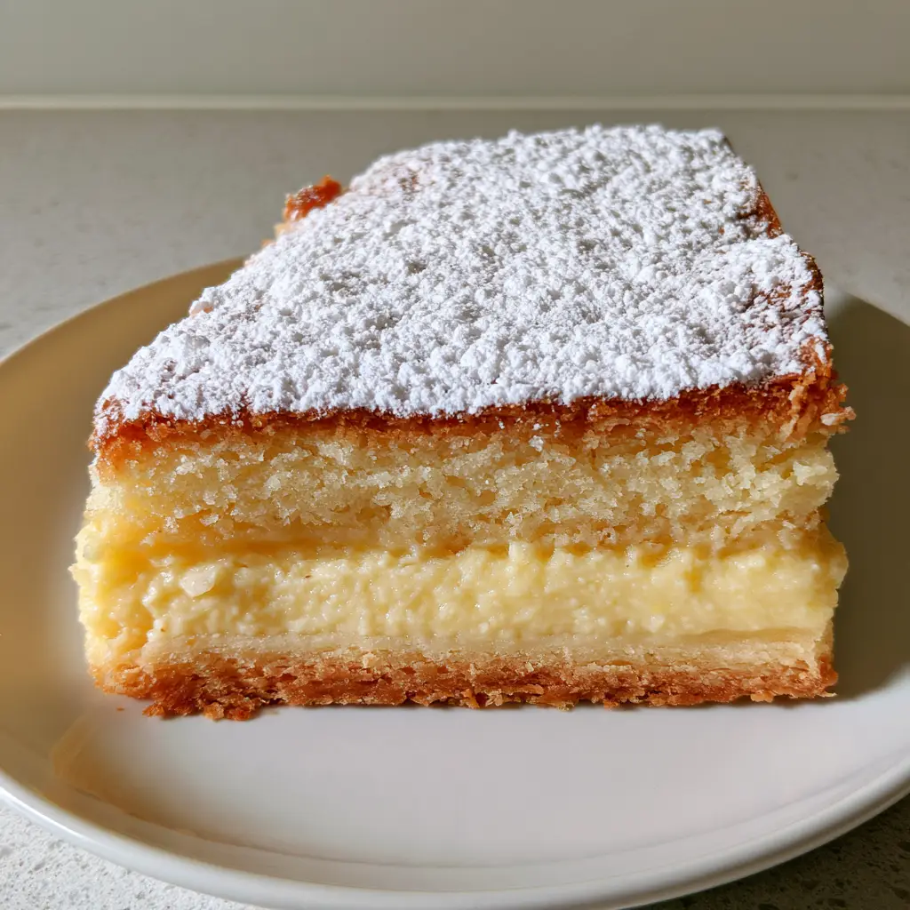 Italian Lemon Custard Cake topped with a heavy dusting of powdered sugar on a neutral stone countertop.