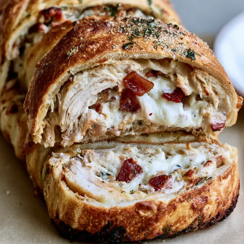 Whole golden-honey colored Chicken Bacon Ranch Stromboli loaf with parsley and parmesan dusting.