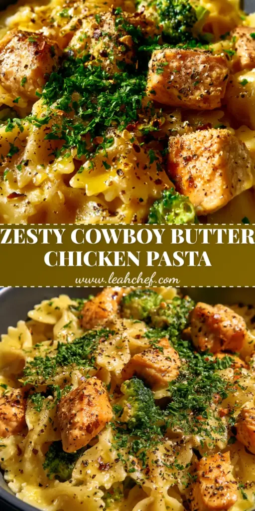 Cowboy Butter Chicken Pasta with Lemon and Garlic 3 A dark charcoal bowl filled with Cowboy Butter Chicken Pasta featuring bowties, seared chicken, and bright green broccoli in a glossy yellow sauce. (Cowboy Butter Chicken Pasta)